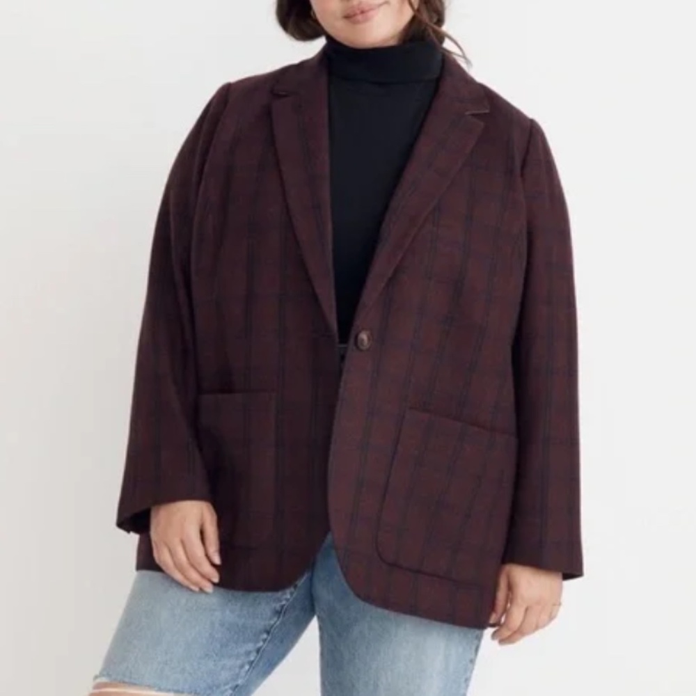 Madewell Women Plus Size Plaid Blazer in Burgundy and Black - GUC